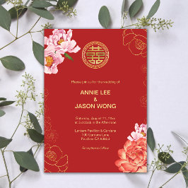 Invitación Boda chino de doble felicidad Gold Peony
