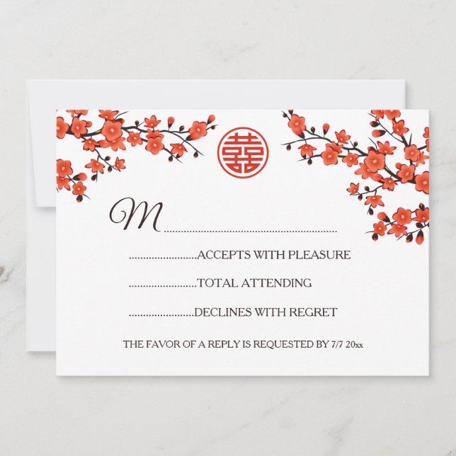 Invitación Boda Chino de RSVP por la oleada de cerezos rojos (Anverso)