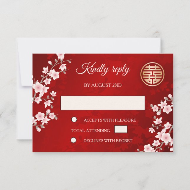 Invitación Boda chino Dusty PInk Cherry Blossom Red RSVP (Anverso)