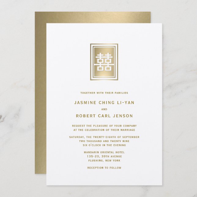 Invitación Boda chino elegante con doble felicidad dorada (Anverso / Reverso)