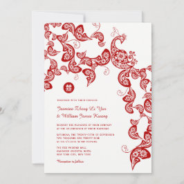 Invitación Boda chino elegante de Peacock floral de Boho rojo