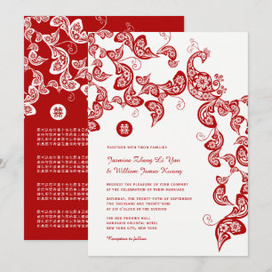Invitación Boda chino elegante de Peacock floral de Boho rojo