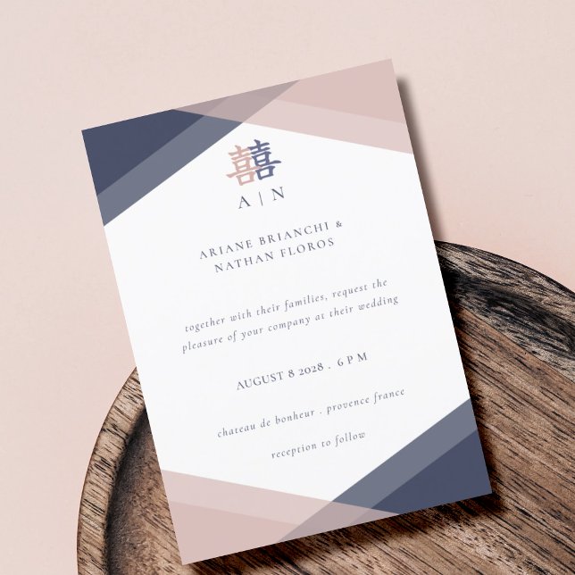 Invitación Boda chino geométrico azul de la marina rosa Rubor (Subido por el creador)