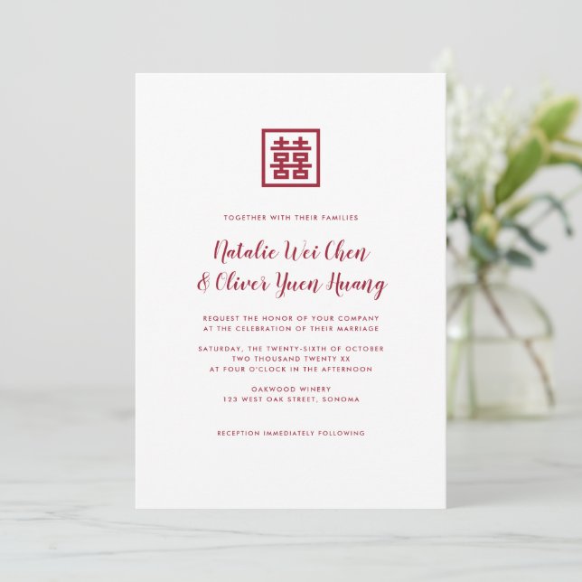Invitación Boda chino moderno de doble felicidad rojo Invita (Anverso de pie)