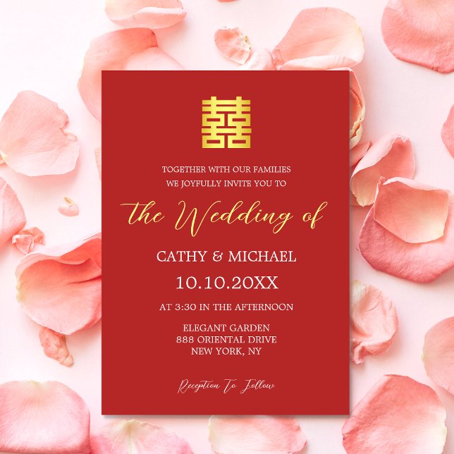 Invitación Boda chino moderno de oro rojo simple (Subido por el creador)