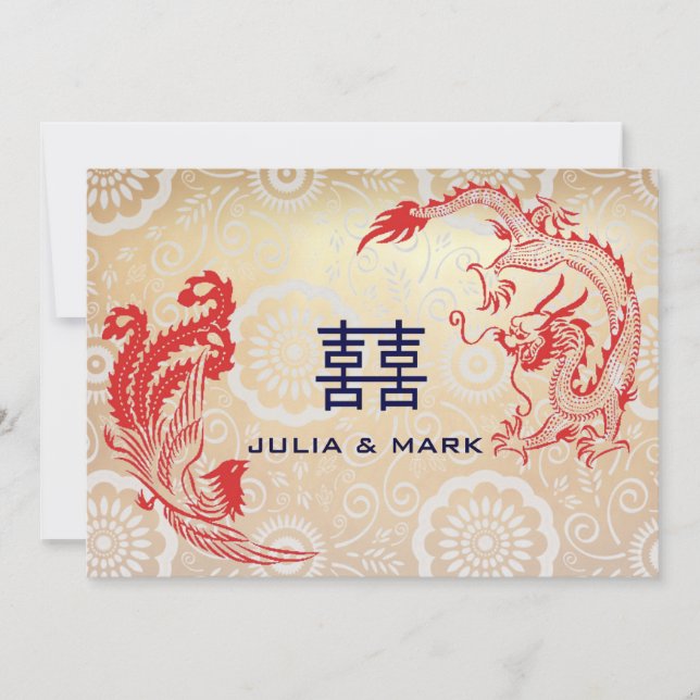 Invitación Boda chino moderno Dragon-Phoenix (Anverso)