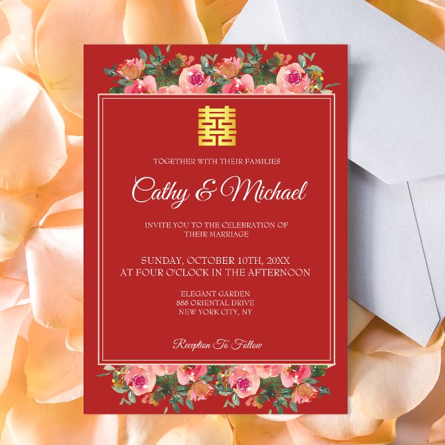 Invitación Boda chino moderno rojo de peonía floral rosa (Subido por el creador)