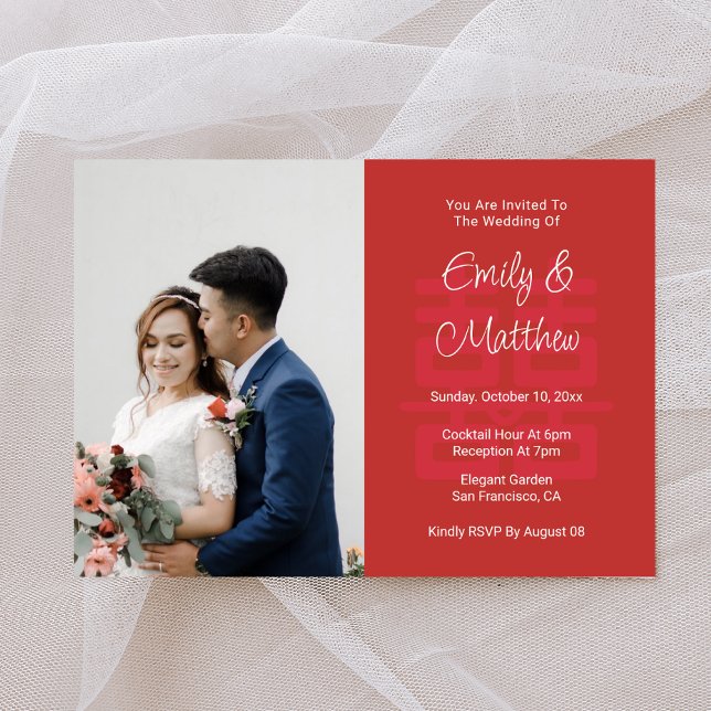 Invitación Boda chino pareja foto amor knot double xi (Subido por el creador)