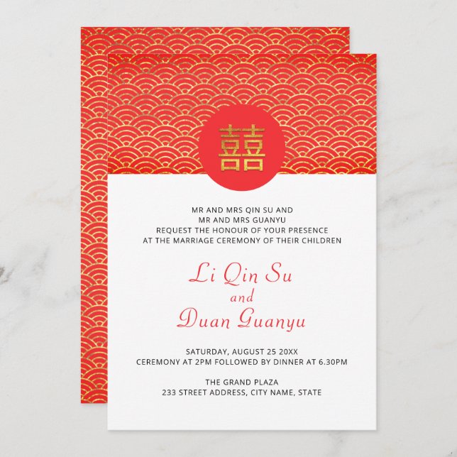Invitación Boda chino rojo y dorado de doble felicidad (Anverso / Reverso)