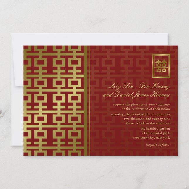 Invitación Boda chino rojo y dorado moderno doble felicidad (Anverso)