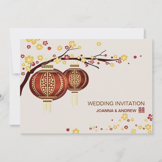 Invitación Boda chino Xi de arboles de cerezo rojo dorado (Anverso)