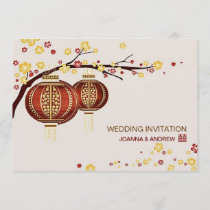 Invitación Boda chino Xi de arboles de cerezo rojo dorado