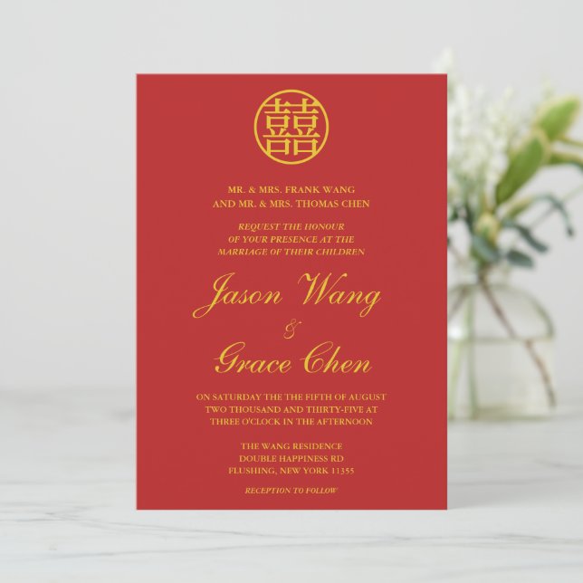 Invitación Boda Chino Y Recepción Rojo Y Oro (Anverso de pie)