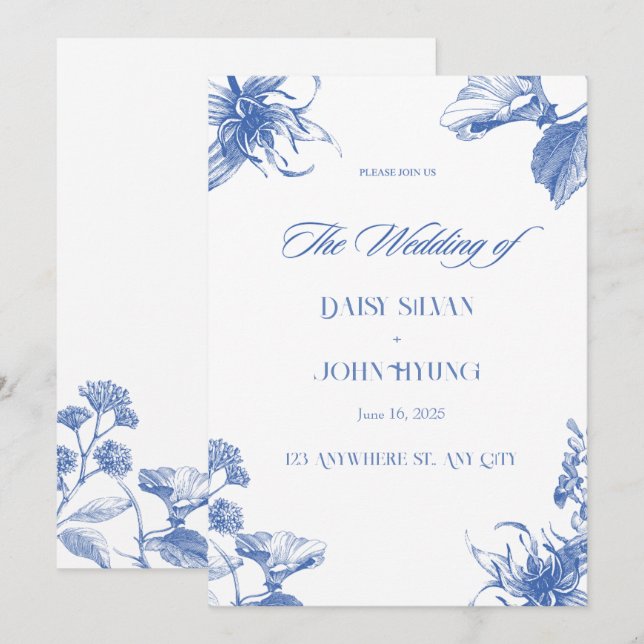 Invitación Boda Chinoiserie azul marino y blanco (Anverso / Reverso)