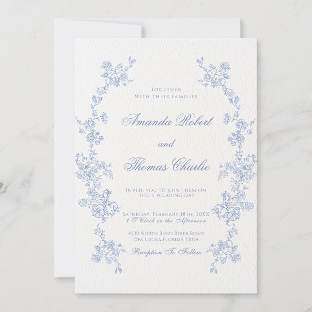 Invitación Boda Chinoiserie floral azul (Anverso)