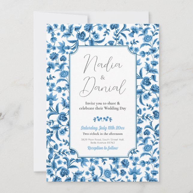 Invitación Boda Chintz Fiesta de Ditsy Floral Azul y Blanca (Anverso)