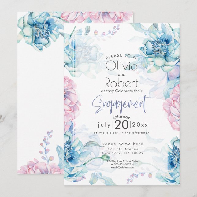 Invitación Boda | Cielos azules y peonetas rosadas de búfalo (Anverso / Reverso)
