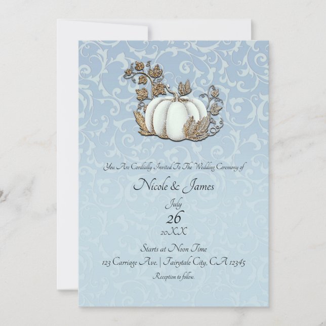 Invitación Boda Cinderella Gris Azul Calabaza Dorada y Blanca (Anverso)