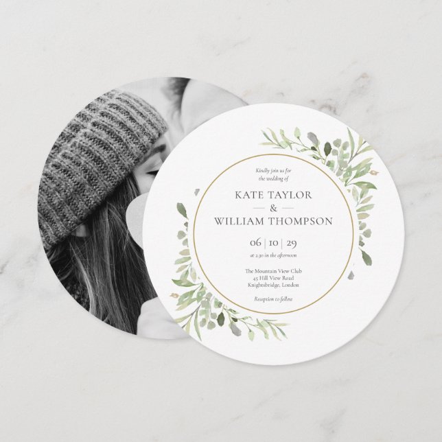 Invitación Boda Circular de Foto de Hojas de Verde Elegante (Anverso / Reverso)