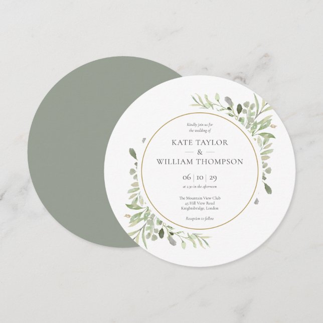 Invitación Boda Circular Hojas Verde Elegante (Anverso / Reverso)