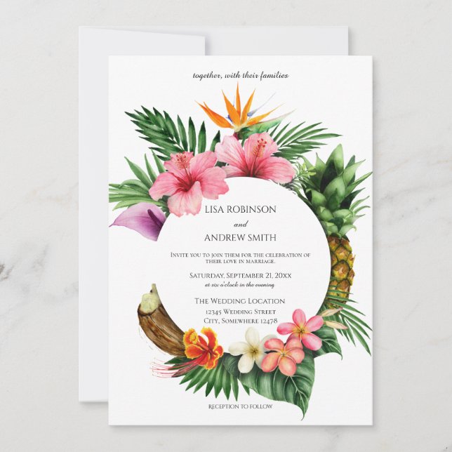 Invitación Boda Circular Tropical Hawaiano de Coco Floral (Anverso)