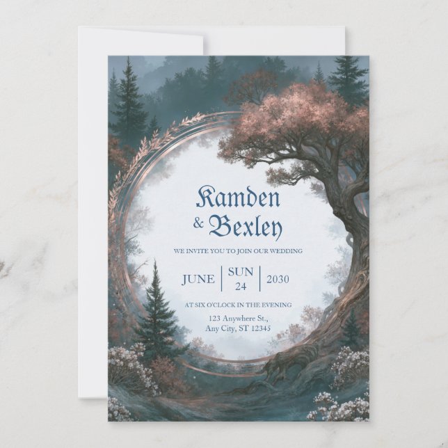Invitación Boda Círculo Bosque Rosa Dorado (Anverso)