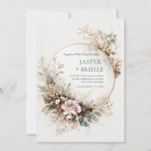 Invitación Boda Círculo Dorado Acuarela Azul Verde Silenciada