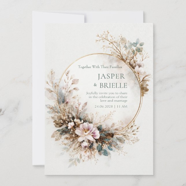 Invitación Boda Círculo Dorado Acuarela Azul Verde Silenciada (Anverso)