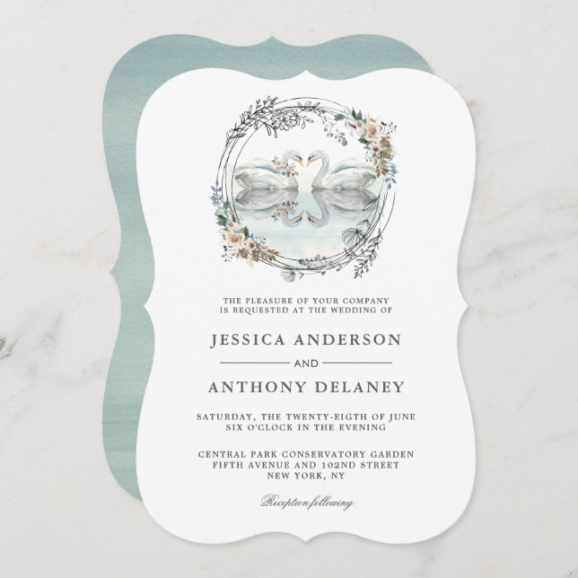 Invitación Boda Cisne Elegante acuarela Floral (Anverso / Reverso)
