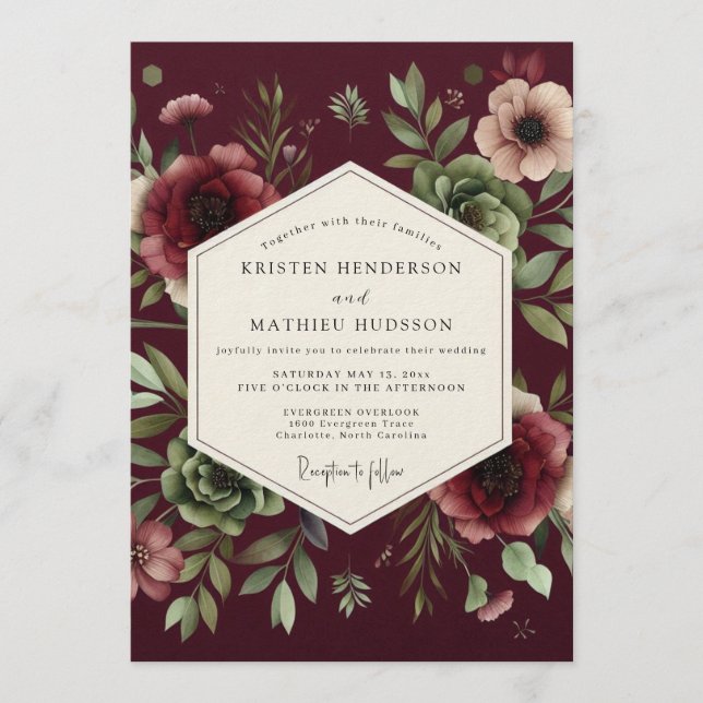 Invitación Boda Claret Dramatic Bloom (Anverso)