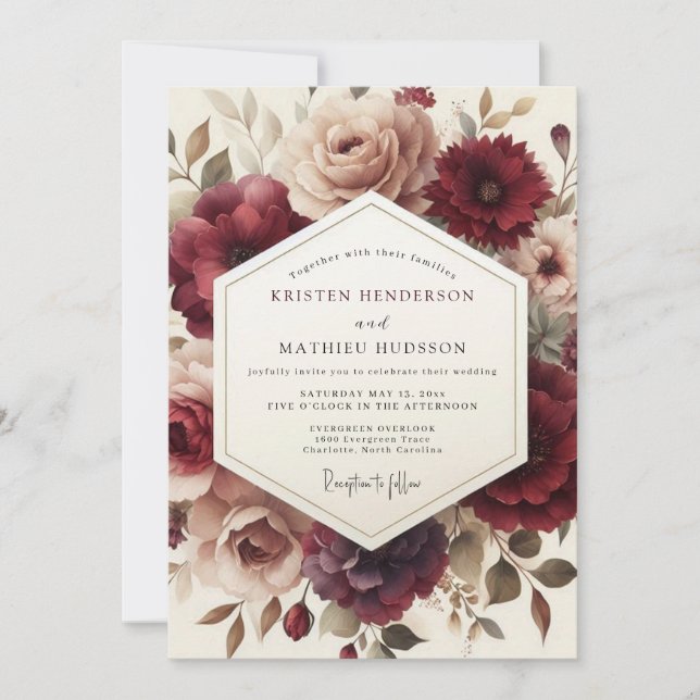 Invitación Boda Claret Romantic Bloom (Anverso)