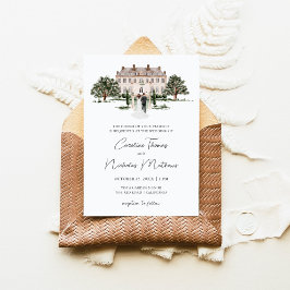Invitación Boda Clásica Acuarela Casa Mansión Inglesa