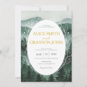 Invitación Boda Clásica Acuarela Floral Verde Bosque
