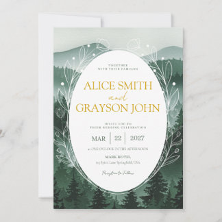 Invitación Boda Clásica Acuarela Floral Verde Bosque