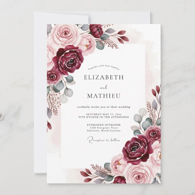 Invitación Boda Clásica Atemporal Borgoña (Anverso)