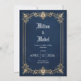 Invitación Boda Clásica Azul Marino con Filigrana Dorada Orna