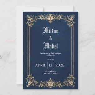 Invitación Boda Clásica Azul Marino con Filigrana Dorada Orna