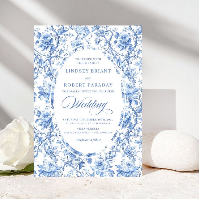 Invitación Boda Clásica Chic Sofisticada Toile de Jouy Rosa N (Sophisticated Navy Toile Rose Classic Wedding Invitation)