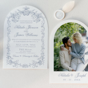 Invitación Boda clásica con arco de azul polvoriento vintage
