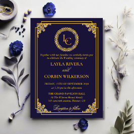 Invitación Boda Clásica con Marco de Oro y Monograma Real