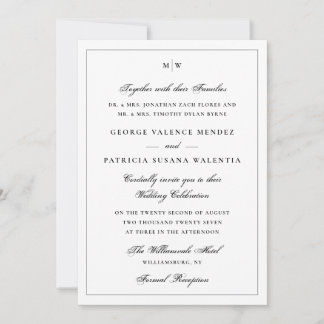 Invitación Boda Clásica con Monograma Blanco Elegante