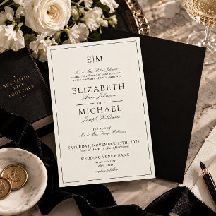 Invitación Boda Clásica con Monograma Vintage Marfil Negro