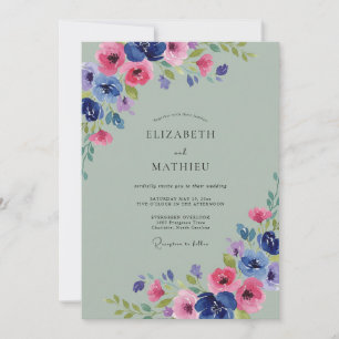Invitación Boda Clásica con Pétalos de Magenta Cobalto