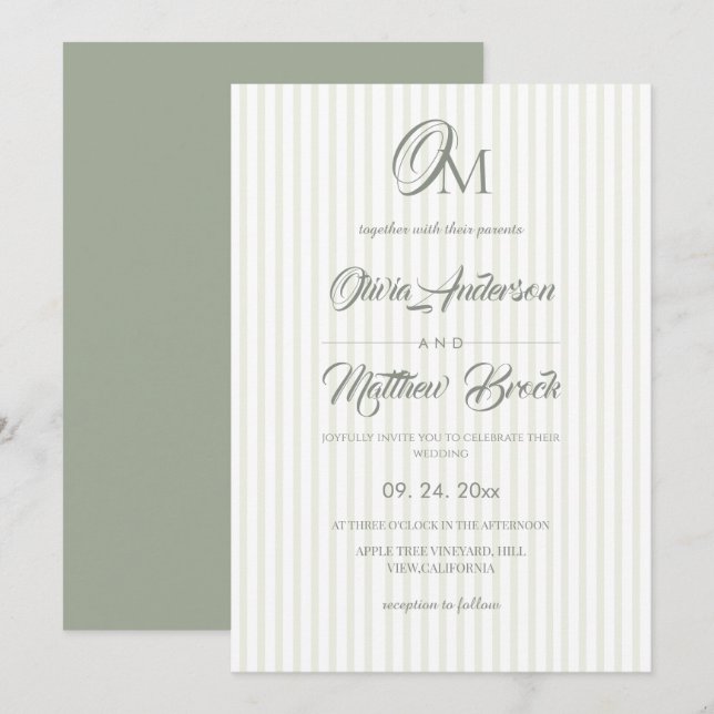 Invitación Boda Clásica con Raya Verde Salvia (Anverso / Reverso)