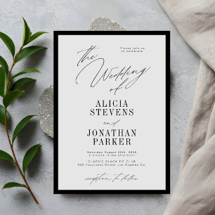 Invitación Boda clásica con tipografía formal en negro y gris