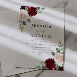 Invitación Boda Clásica de Acuarela Floral Burgundy y Rubor