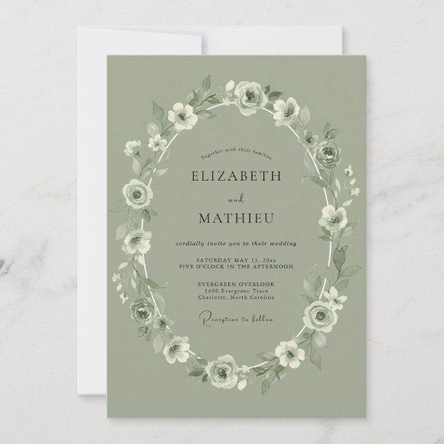 Invitación Boda Clásica de Anémonas Verde Salvia (Anverso)