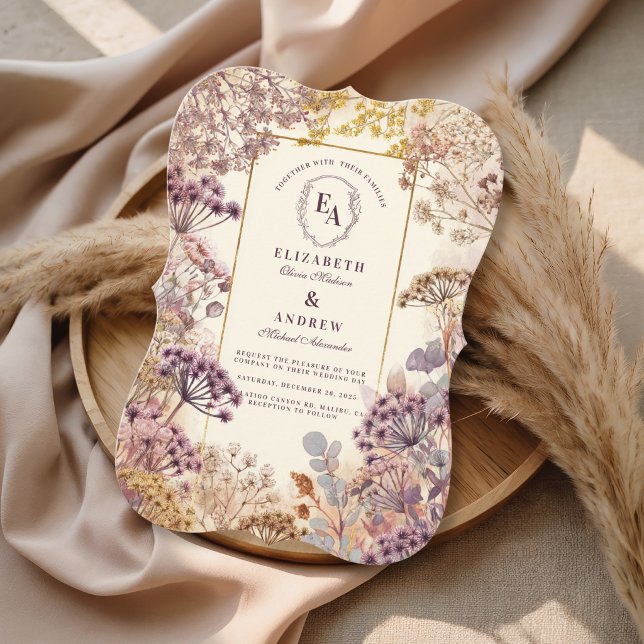 Invitación Boda clásica de botánica morada polvorienta (Subido por el creador)