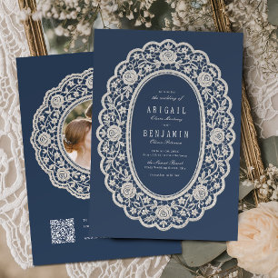 Invitación Boda Clásica de Encaje Floral Azul Marino Vintage