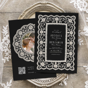 Invitación Boda Clásica de Encaje Floral Negro Vintage